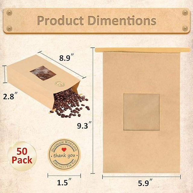 50 Pack with Window Kraft Paper Bags Tin Tie Tab Lock Bags for Cookie Dried Foods Snack CUSTOM Bread Bags