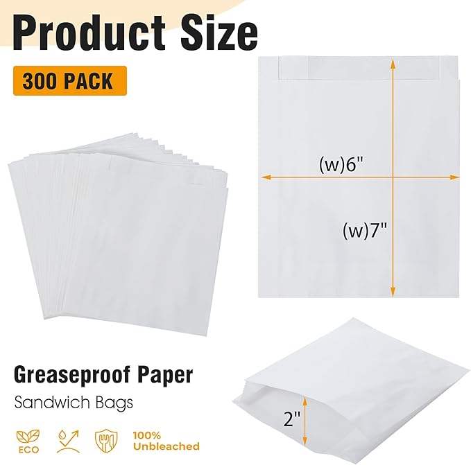 300 Paper Sandwich Bags Oil-resistant Paper Bags for Baking Cookies Candy Snacks (white)