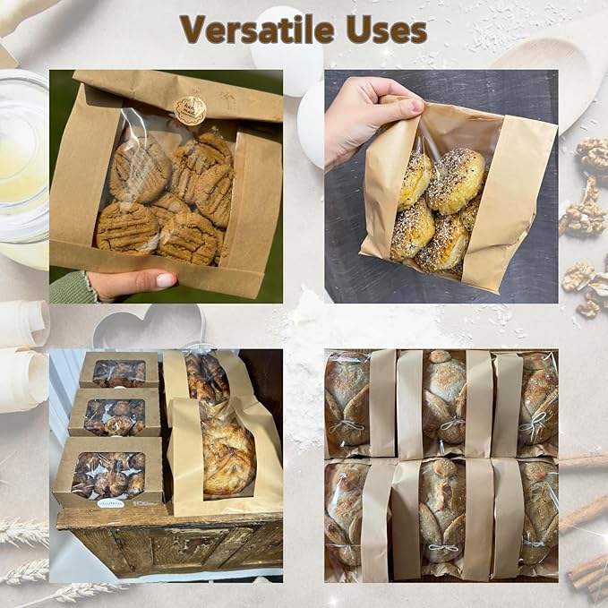 100 Packages Paper Bread Bag with Window with Stickers for Sandwich Candy Cookies Doughnuts Custom Bread Bags