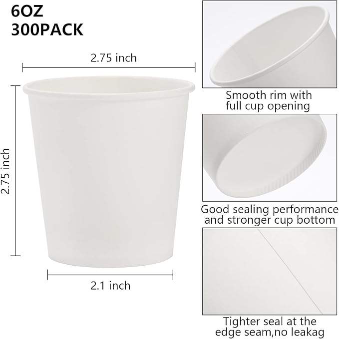 6oz Disposable White Paper Cups 300 Pack for Coffee Tea Water or Juice Eco-Friendly and Stylish