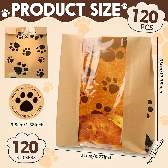 120 Large Bread Bags with Window 120 Sealable Sticker Clawed Yeast Paper Bread Bags for Baked Goods Custom Bread Bags