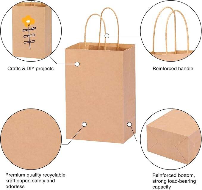 60pcs Paper Bags Gift Bags Brown Small Paper Gift Bags with Handles Bulk for Shopping Birthday Wedding