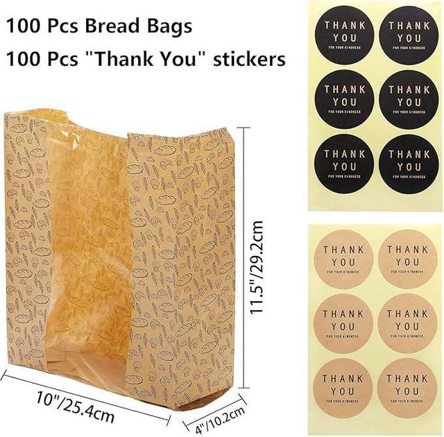 Craft Paper Bread Bags Clear Window 100 Stickers for Brown Toast Cookie Packaging Sourdough Bread Friendly Custom Bread Bags