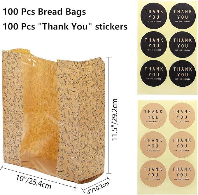Craft Paper Bread Bags Clear Window 100 Stickers for Brown Toast Cookie Packaging Sourdough Bread Friendly Custom Bread Bags