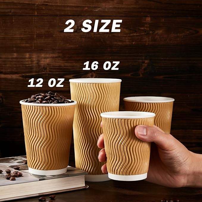 120 Pack 12 oz Disposable Corrugated Insulated Corrugated Wallpaper Coffee Mug, Hot and Cold Drink Mug Office (Champagne Color)