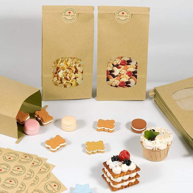 Kraft Paper Bag Window Tin Label Lock Bag for Cookie Bread Sandwich Custom Bread Bags
