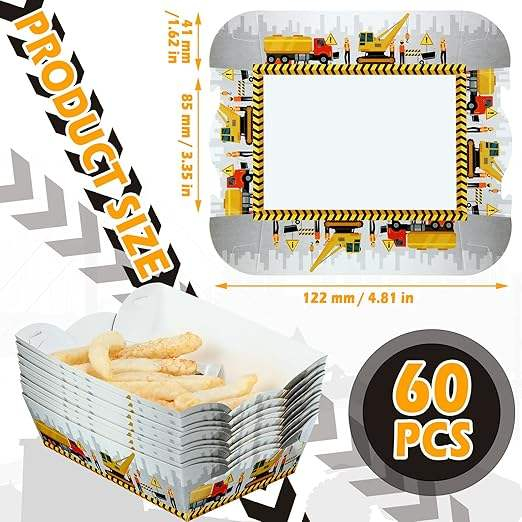 Packs Disposable Construction Decoration Birthday Party Paper Food Service Tray Licensed Food Paper Boat (Construction)