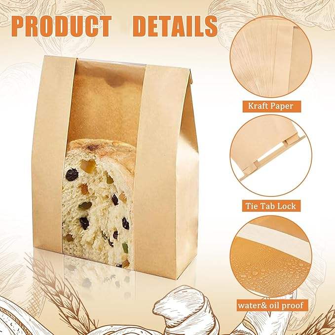 120Pcs Large Window Kraft Paper Bread Bag Food Storage Bag Cookies Bakery Snacks 480 Label Seal Stickers Custom Bread Bags