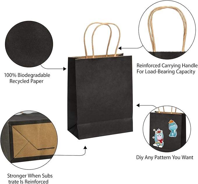 Wholesale Black Eco-Friendly Paper Bag with Handle for Crafts Rice Lunch Candy Packing Featuring Ribbon Accessory Gift-Giving