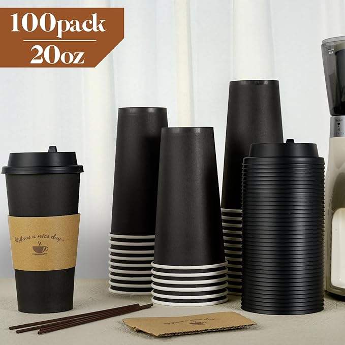 Disposable Black Paper Coffee Mug Hot Coffee Chocolate Drink Lid Stir Stick Coffee Cup