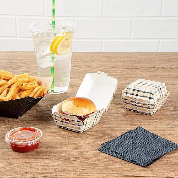 Disposable Plaid Paper Hamburger Box with Hinged Lid Kraft Cardboard Takeout Container for Mini Burgers or Desserts Food Box