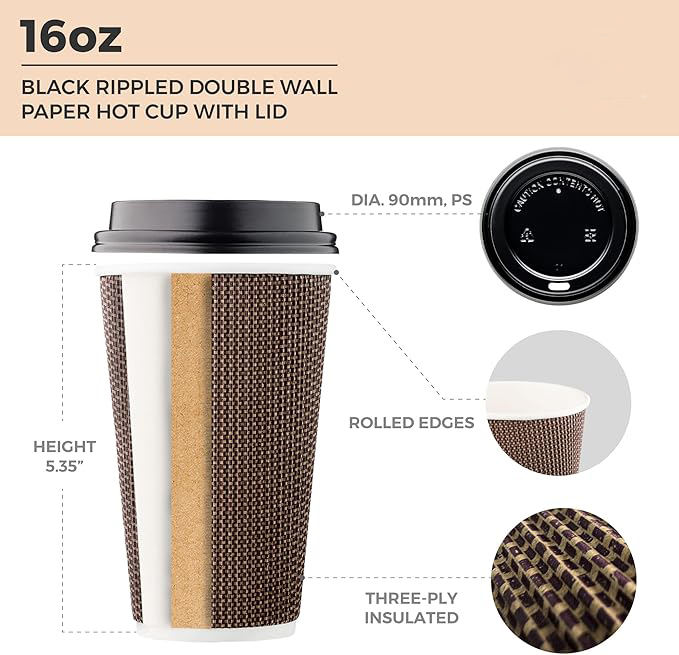 16 oz Disposable Coffee Cup Insulated Corrugated Double-walled Paper Cup with Lid Brown Geometry Hot Drink Coffee Cup