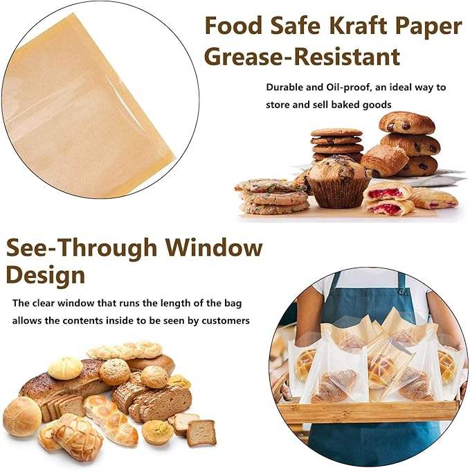 Brown Baking Paper Bags with Window for Sandwich Doughnut Cookie Wrapping for Baking Storage and Display Custom Bread Bags