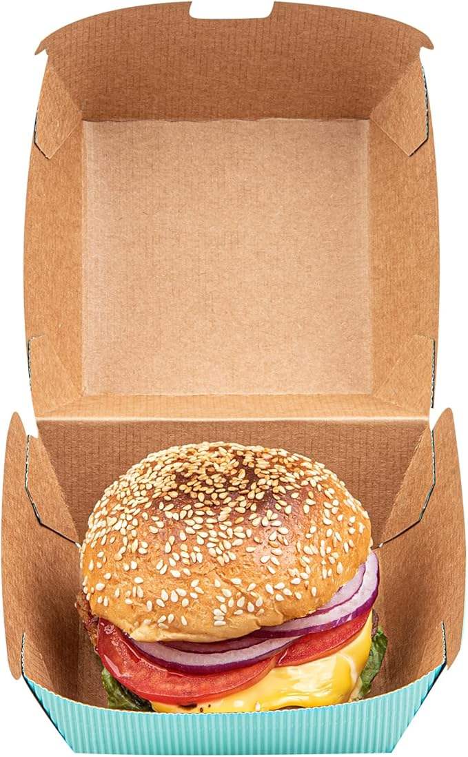Restaurantware Disposable Turquoise Paper Hamburger Boxes Matte Finish Ripple Wall Technology Hinged Lid for Takeout Containers