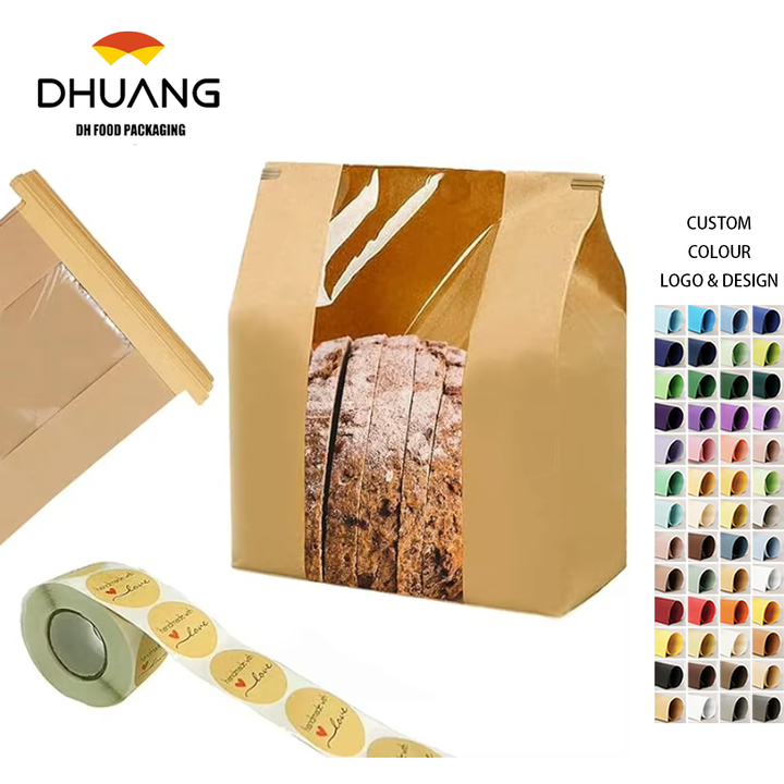 Window Kraft Paper Bread Bag with Tin Za Label Lock for Baking Coffee Beans Cookies-Packaged with Seal Sticker Custom Bread Bags