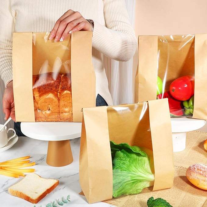 Kraft Bread Bag with Window for Wrapping Toast Croissants Bagels Doughnuts Food Safe Bakery Bags Laminated Custom Bread Bags