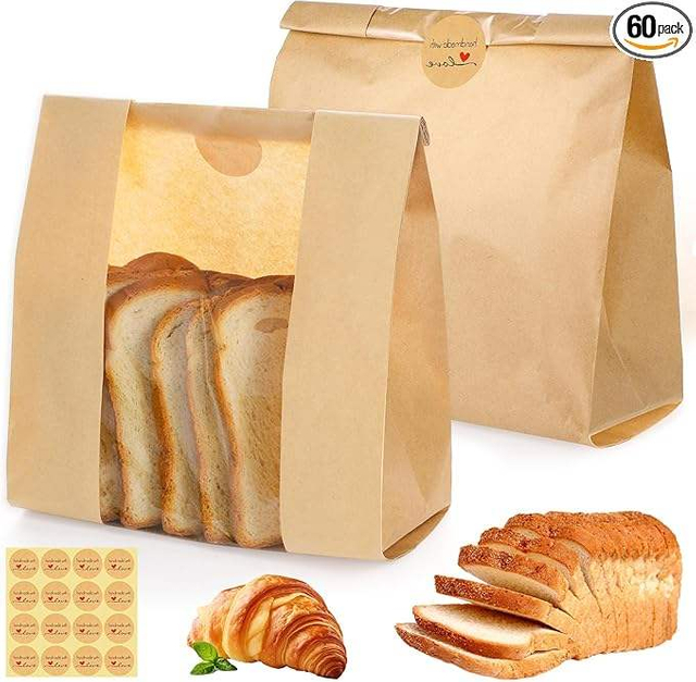 Kraft Bread Bag with Window for Wrapping Toast Croissants Bagels Doughnuts Food Safe Bakery Bags Laminated Custom Bread Bags