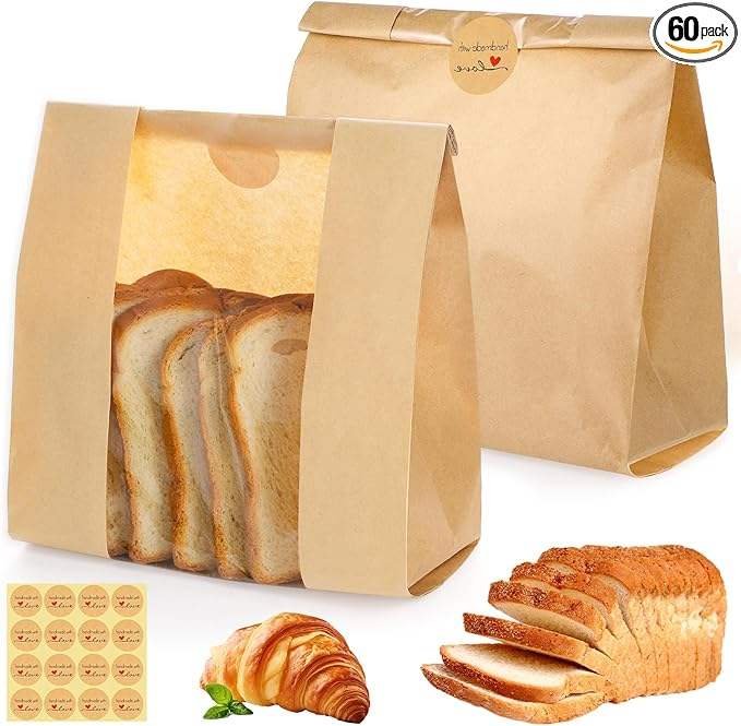 Kraft Bread Bag with Window for Wrapping Toast Croissants Bagels Doughnuts Food Safe Bakery Bags Laminated Custom Bread Bags