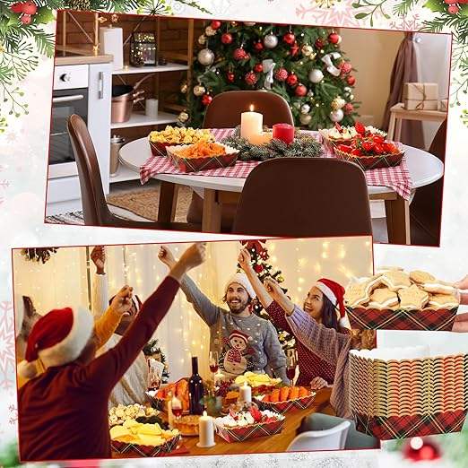 Christmas Paper Food Tray Plaid Light Nutcracker Snack Tray Disposable Nachos Hot Dog Party Supplies (Classic Plaid)