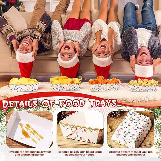 Food Trays Plaid Lights Nutcracker Disposable Christmas Paper Boat Nachos Hot Dog Party Supplies (Bright, Holiday Lights)