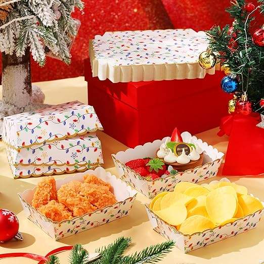 Food Trays Plaid Lights Nutcracker Disposable Christmas Paper Boat Nachos Hot Dog Party Supplies (Bright, Holiday Lights)