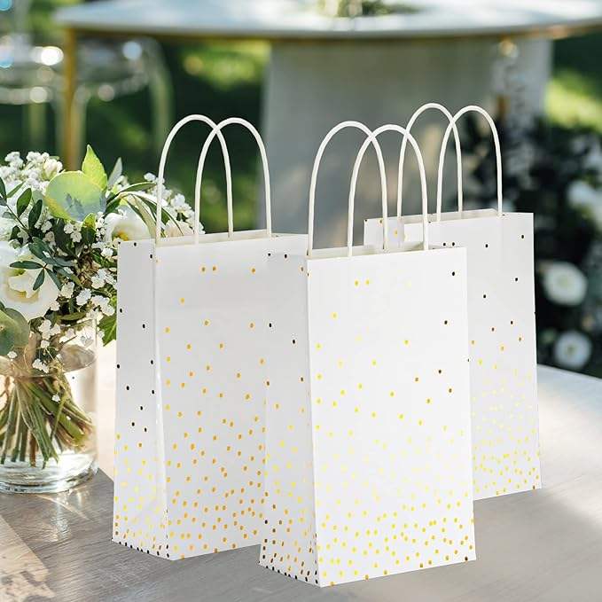 White and Gold Gift Bags with Handles and Gold Foil Dots Perfect for Bridal Party Birthday Party Shopping Bag