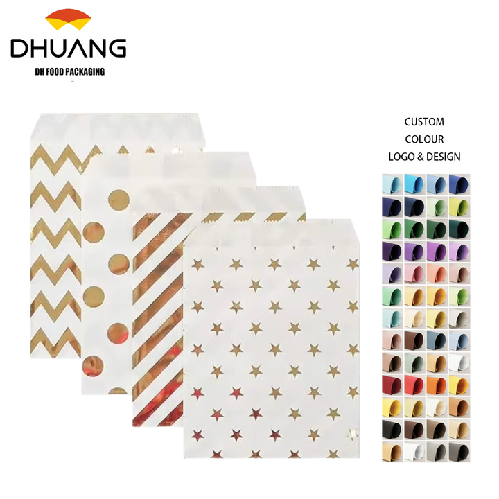 Custom Printed Paper Bags Bright Gold Color for Candy Buffet Cookies and Pastries Oil-proof Paper Bag