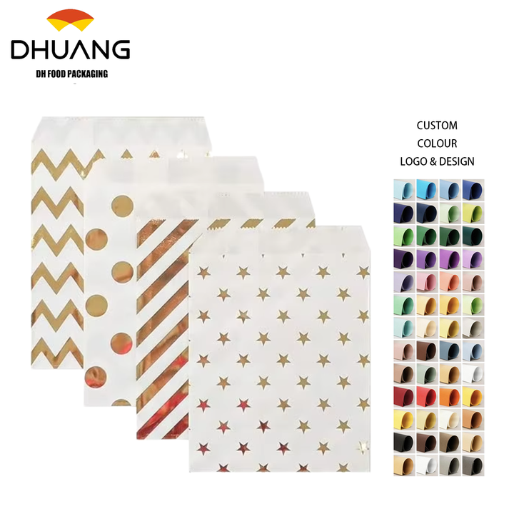 Custom Printed Paper Bags Bright Gold Color for Candy Buffet Cookies and Pastries Oil-proof Paper Bag