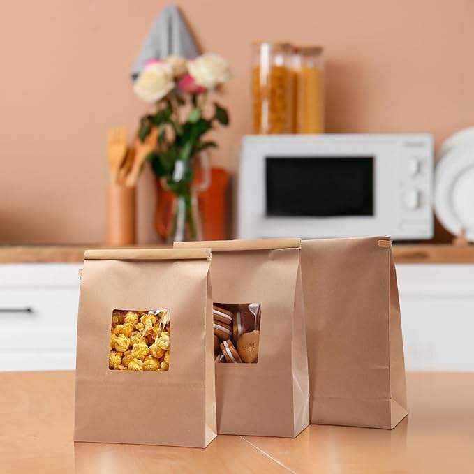 200 Bread Bags with Window Paper Cowhide with Tin Tie Lock Coffee Beans Snacks Bread and Candy Custom Bread Bags