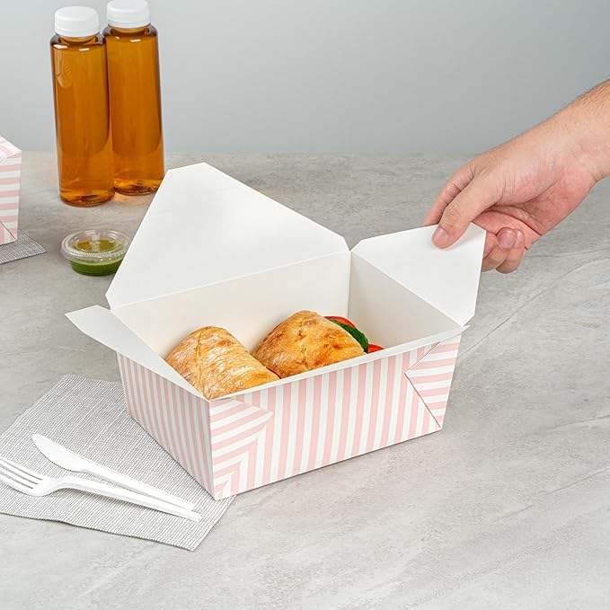 Durable Disposable Pink and White Striped Paper Takeout Container 98 oz Food Container for Takeout Food Box