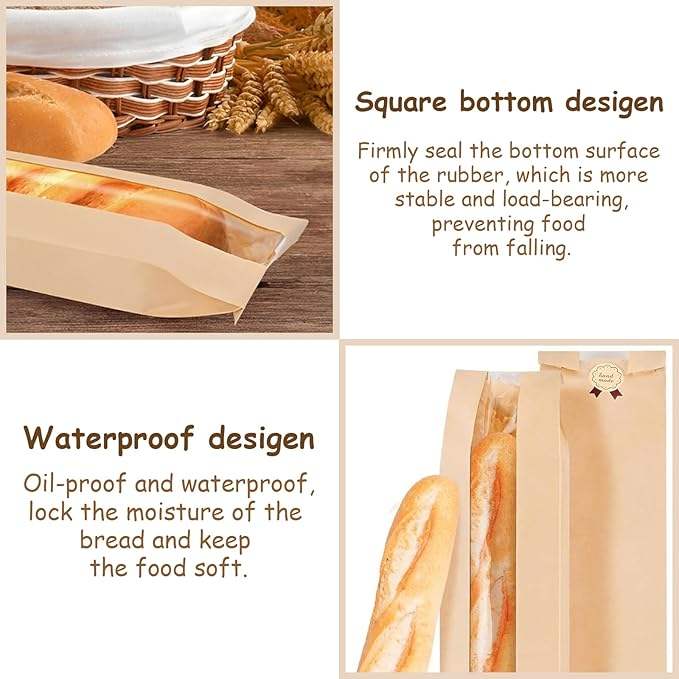 Brown Cowhide Storage Paper Bags with Window Long French Cookie Package for Breads and Cookies Custom Bread Bags