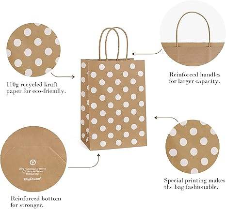 25 Brown Dot Gift with Handles Recyclable Kraft Paper Bags Shopping Bags Party Bags