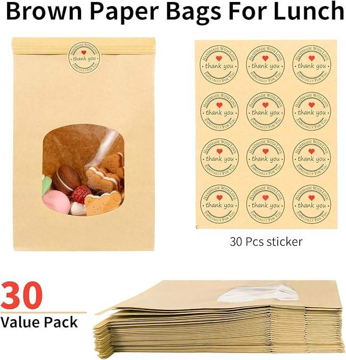 Brown Paper Bag with windows and Free Stickers Suitable for Preserving Bread in Bakery Restaurants Custom Bread Bags