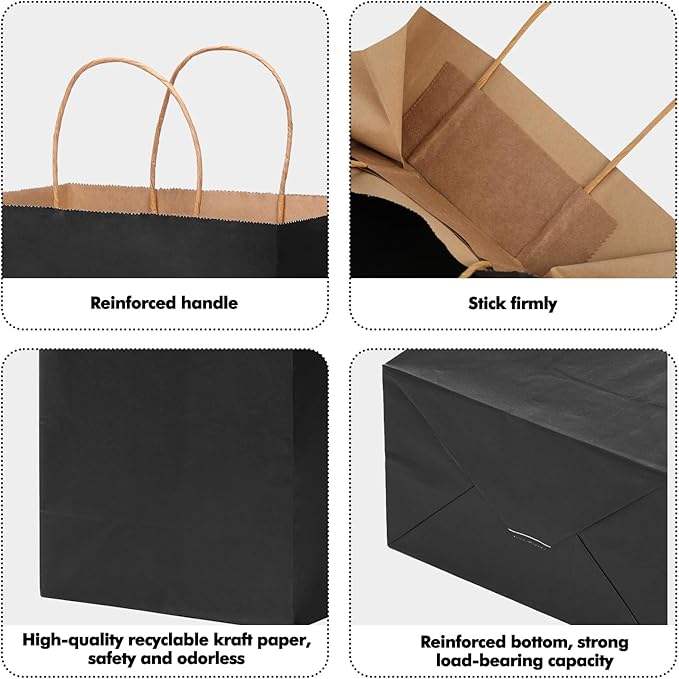 Medium Size Black Kraft Paper Gift Bags with Handles Eco-Friendly for Party Craft Food Packaging for Businesses