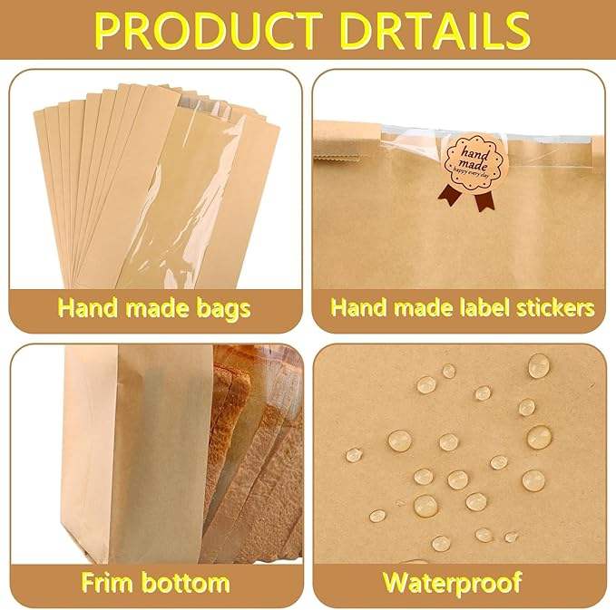 Bread Bag with Window Brown Paper Sourdough Toast Packaging Storage Food Bag Label Seal Sticker CUSTOM Bread Bags