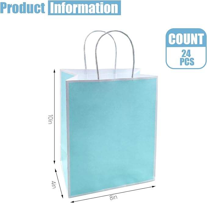 24 Blue Paper Bag with Handle Kraft Paper Wedding, Birthday, Baby Shower Party Gift Bag Commercial Retail 100% Renewable