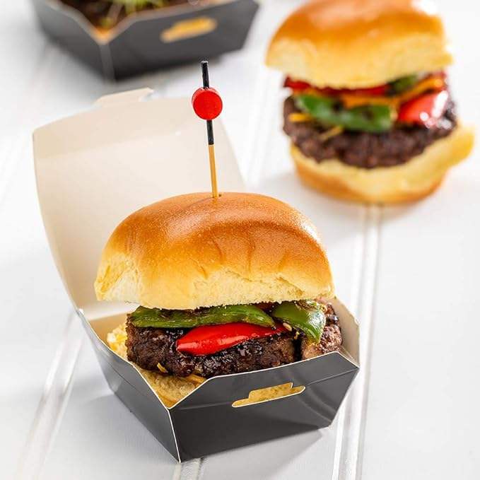 Mini Burger Box Food Container with Hinged Lid Disposable Black Paper Takeout Box for Small Burgers or Desserts