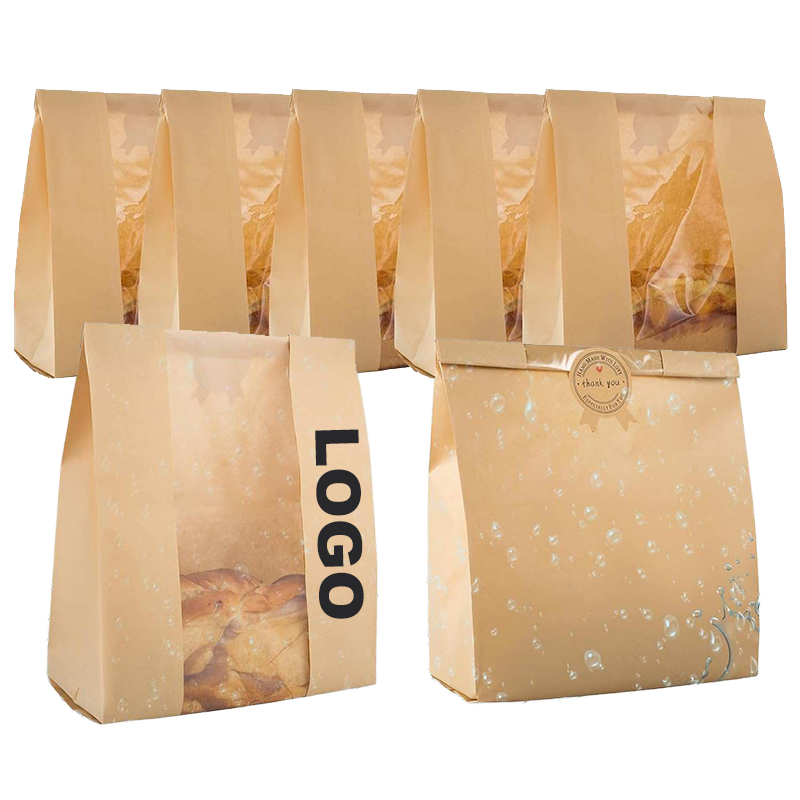 Brown Paper Bread Bags with Windows Customizable Patterns Labels and Seals for Packaging and Storage of Baked Custom Bread Bag