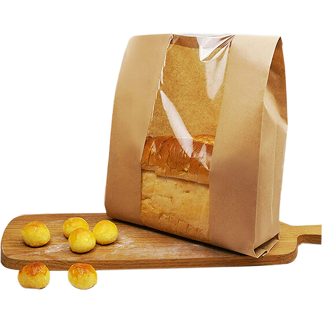 Brown Paper Bread Bags with Windows Customizable Patterns Labels and Seals for Packaging and Storage of Baked Custom Bread Bag