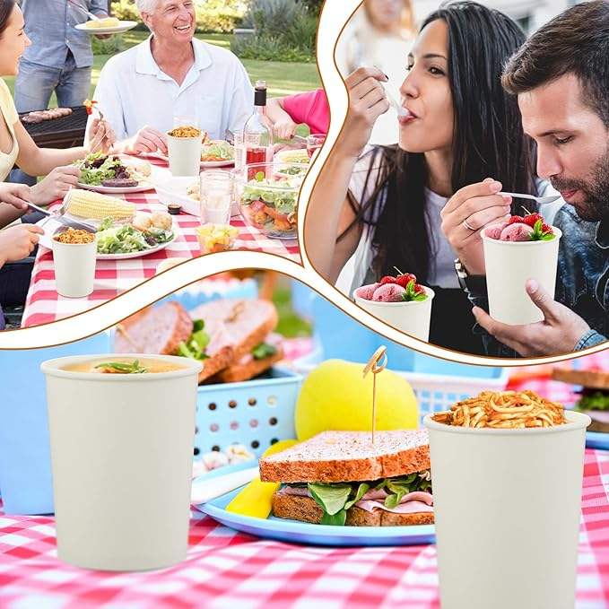 32 oz Paper Soup Container with Lid Disposable Cowhide Soup Food Bowl Microwave Food Storage Ice Cream Container (White)