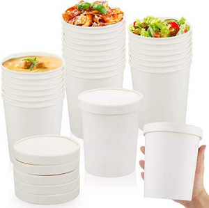 32 oz Paper Soup Container with Lid Disposable Cowhide Soup Food Bowl Microwave Food Storage Ice Cream Container (White)