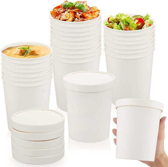 32 oz Paper Soup Container with Lid Disposable Cowhide Soup Food Bowl Microwave Food Storage Ice Cream Container (White)