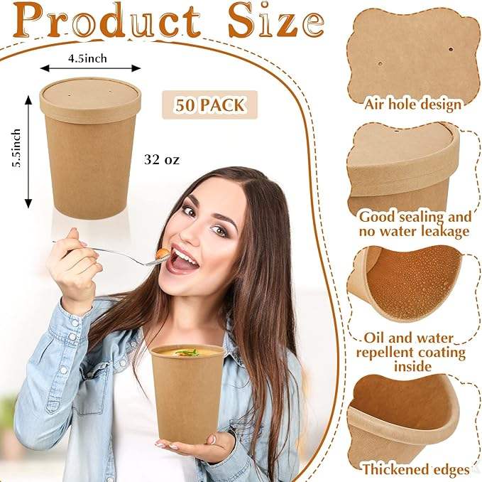 32 oz Paper Soup Container with Lid Disposable Cowhide Soup Food Bowl Microwave Food Storage Ice Cream Container Paper Cup