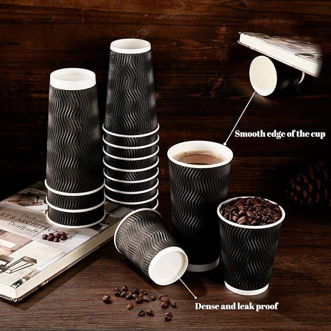 Black Disposable Coffee Cups Insulated Corrugated Paper Corrugated Wall Cups for Hot or Cold Drinks Coffee Cup