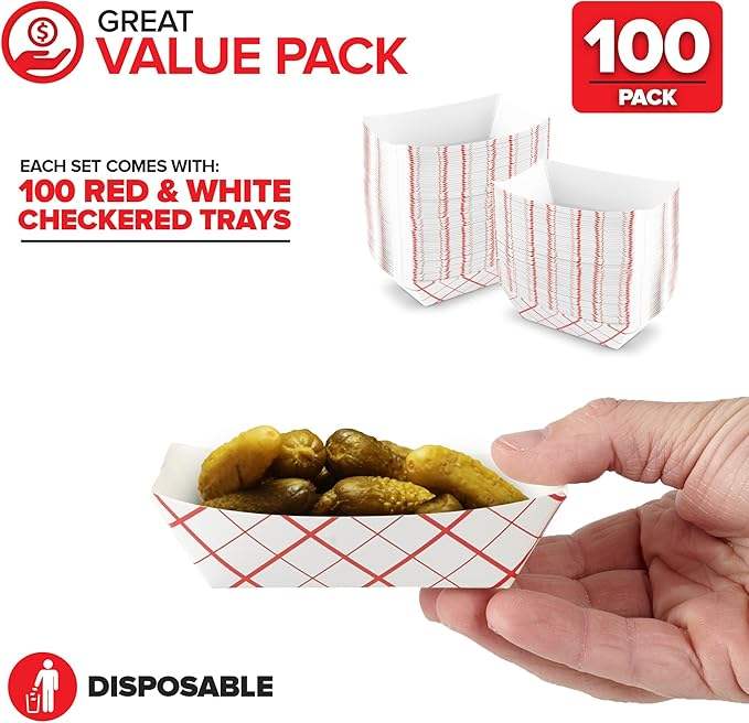 Mini Paper Food Boat Disposable Red and White Checkered Paper, Eco-friendly Food Tray Food Trays