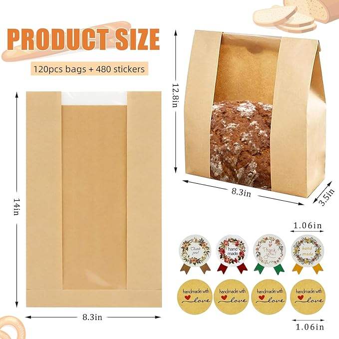 120Pcs Large Window Kraft Paper Bread Bag Food Storage Bag Cookies Bakery Snacks 480 Label Seal Stickers Custom Bread Bags