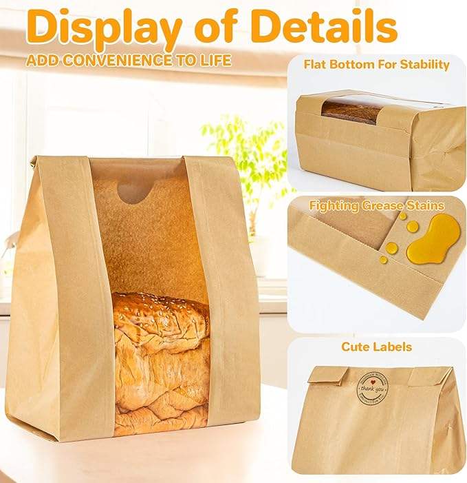 Brown Paper Bread Bags with Windows Gravure Printing Zippered and Self-Adhesive Seal for Round Custom Bread Bags