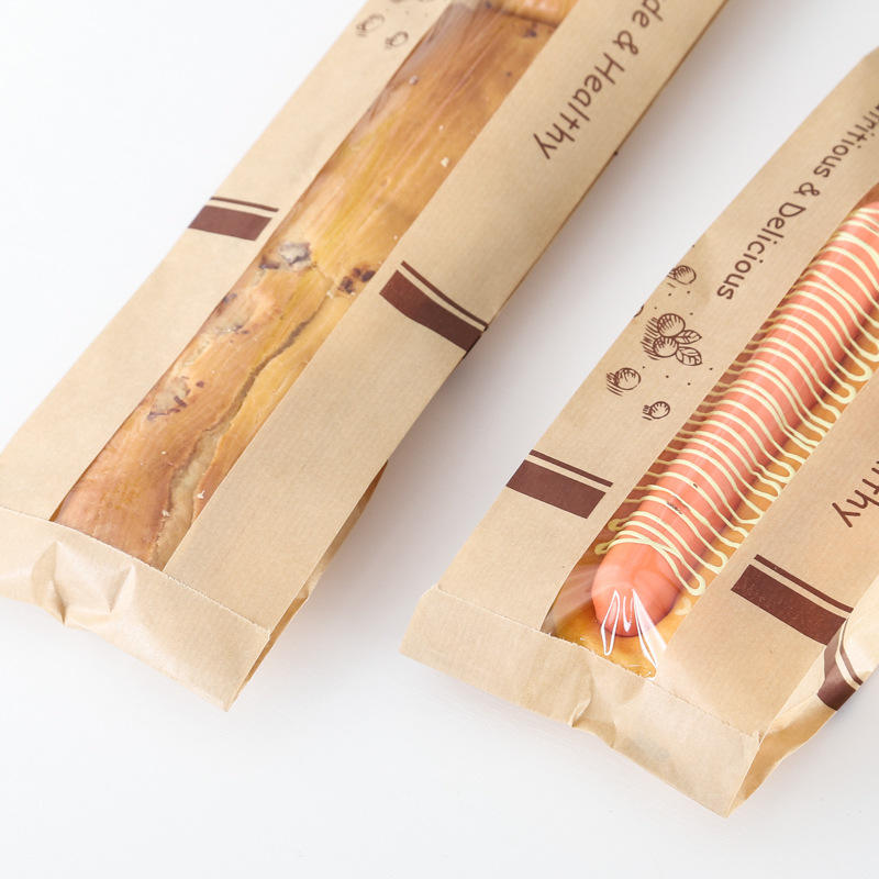 In Stock Long Baguette Kraft Paper Window Food Packaging Film Anti-Oil Caterpillar Bag Custom Bread Bags