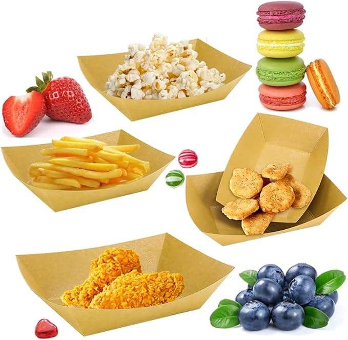 Kraft Paper Food Tray, Disposable Serving Tray for Snack Hot Dog BBQ Popcorn Party Food Trays