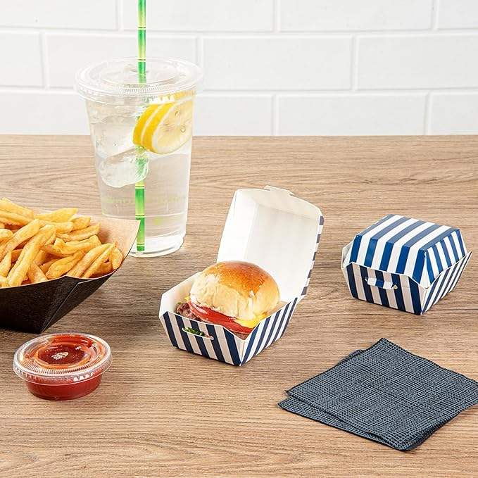 Mini Burger Box Food Container with Hinged Lid - Blue and White Striped Paper Takeout Burger Box
